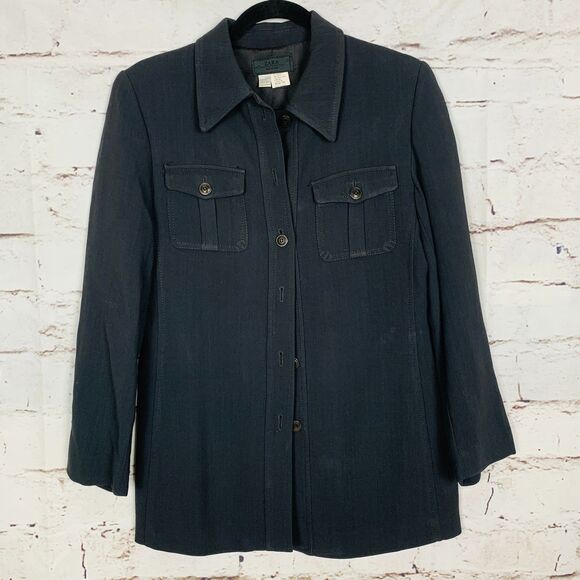 Zara Woman Lined Shacket Jacket Button Down Shirt Black Size 6 Collared Pockets - Picture 1 of 4